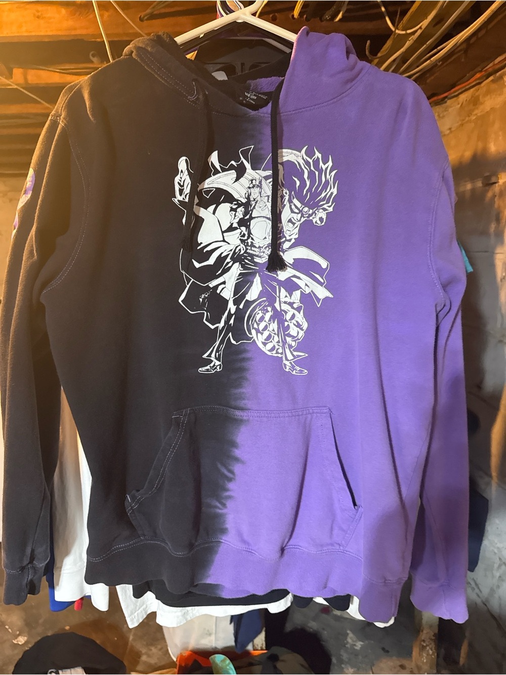 Hot Topic Purple and Black Split Graphic Crewneck Sweater
